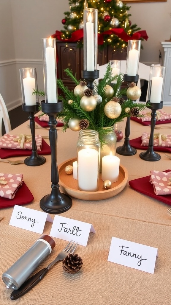 A festive Christmas table set with DIY decorations, including candle holders, centerpieces, and personalized place cards.